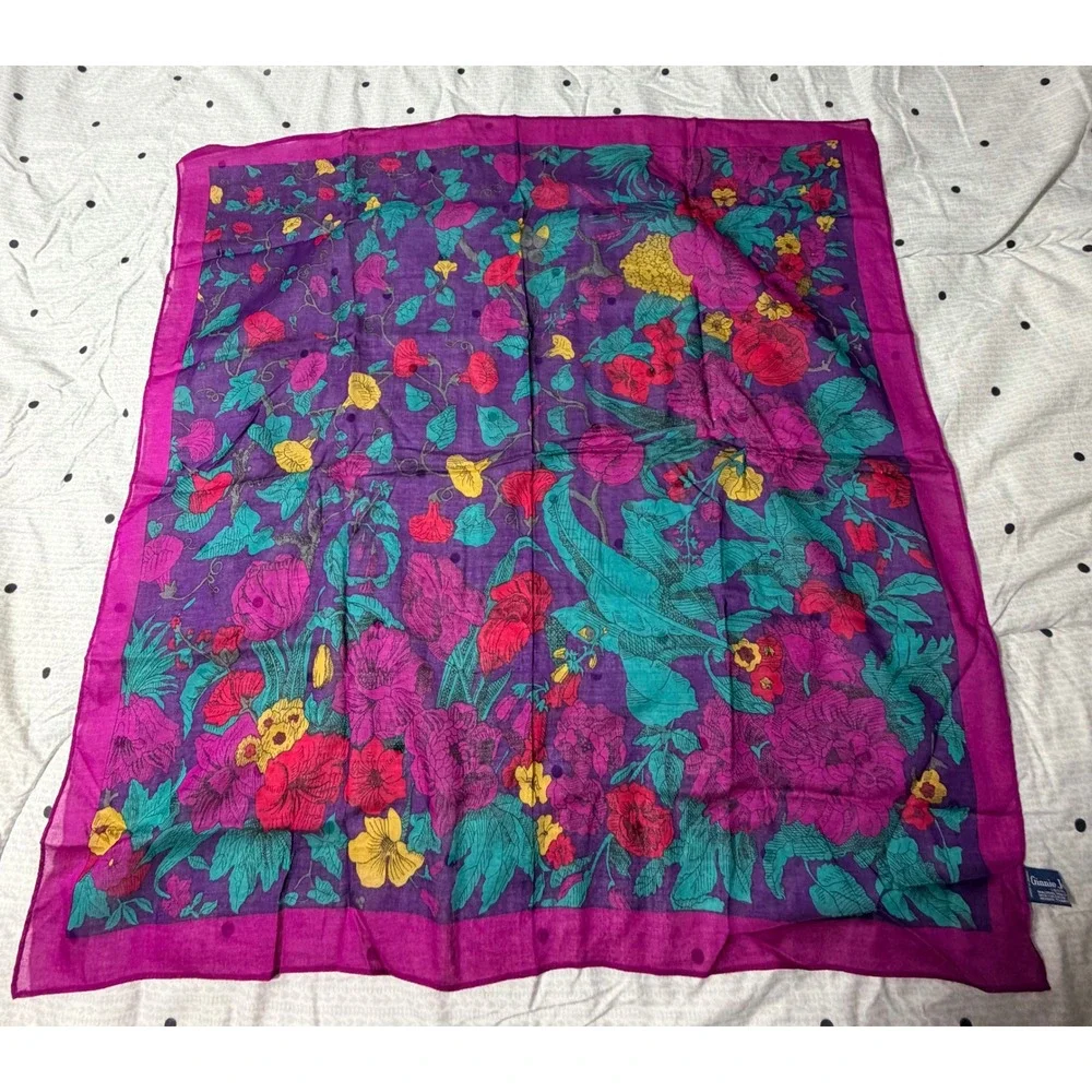 Vintage 1988 Ginnie Johansen Floral Cotton Scarf Purple Magenta 26
